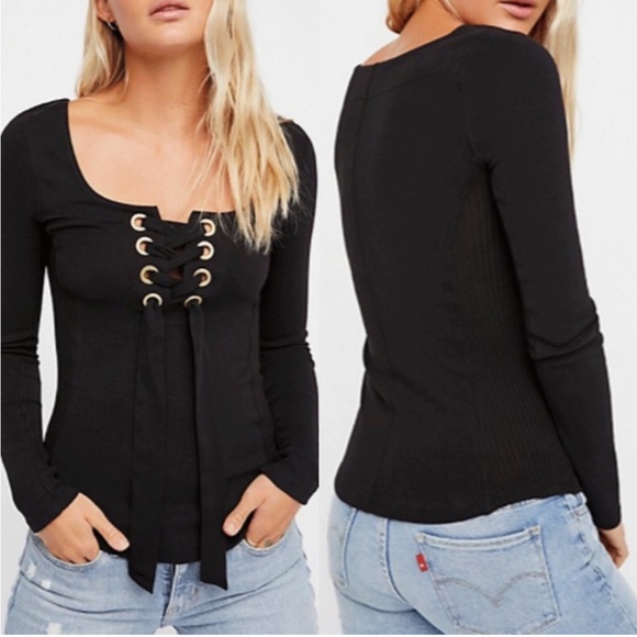 Free People Looking Back Grey Lace Up Tee - Picture 5 of 5